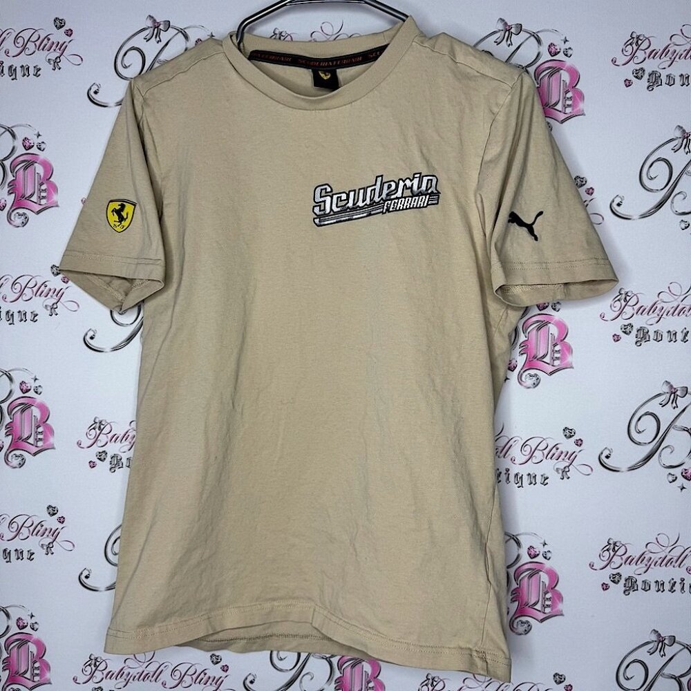 Puma Ferrari tshirt tan sand graphic racing logo car Ferrari white black white
